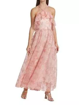 Платье Monique Lhuillier с цветочным принтом из жоржета с лямкой на шее. розовый