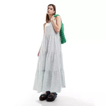 Платье Monki Maxi Sun With Tiered Layers And Strappy Low back, серо-синий