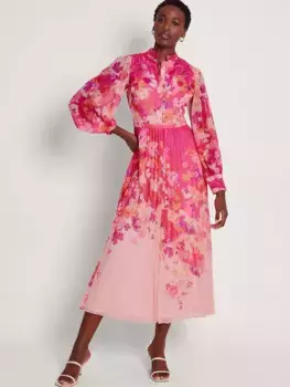 Платье Monsoon Floryn Floral Print Pleated Midi, цвет pink/multi