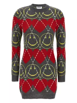 Платье Moschino Smiley с узором «ромбик», серый