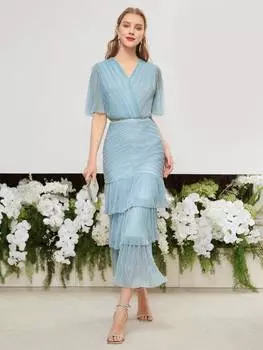 Платье MOTF PREMIUM, V-образный вырез, рукава расклешенные, многослойное, воланы/рюши, цвет синий