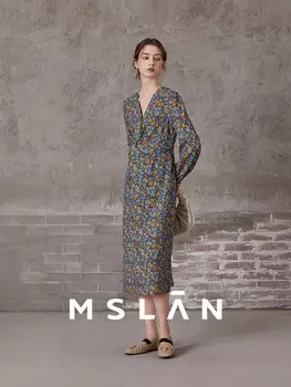 Платье MSlan с длинными рукавами и V-образным вырезом, коричневый