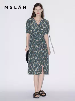 Платье Mslan с принтом и V-образным вырезом, миндальный