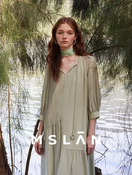 Платье Mslan средней длины со свободной талией и бисером, озеро зеленое