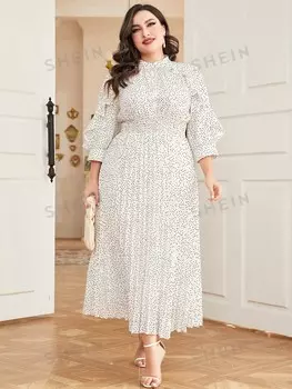 Платье Mulvari Plus, горошек, рюши, плиссированный низ Shein, белый