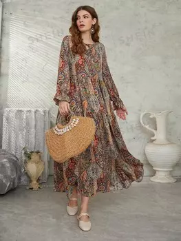 Платье Mulvari, принт пейсли, рукава плиссе, рюши/рюши по низу Shein, апельсиновый