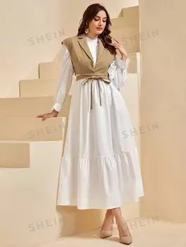 Платье Mulvari с рюшами и жилет с бантом спереди Shein, хаки