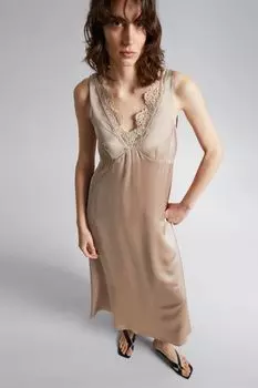 Платье на бретелях с кружевной отделкой H&M, бежевый