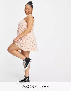 Платье на бретелях с квадратным вырезом и персиковым принтом ASOS DESIGN Curve