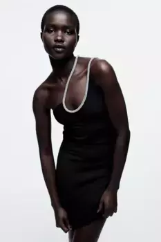 Платье на одно плечо с бретелями со стразами H&M, черный