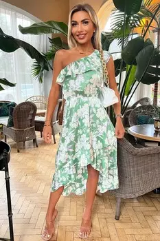 Платье на одно плечо с удлиненной спинкой и рюшами Ax Paris, зеленый