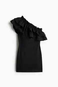 Платье на одно плечо с воланной отделкой H&M, черный