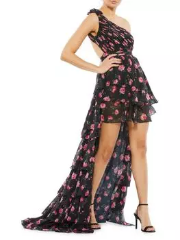 Платье на одно плечо с высоким и низким вырезом Mac Duggal, цвет Black Multicolor