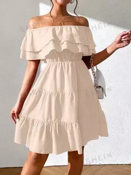 Платье на одно плечо Shein Priv с оборками и подолом, абрикосовый