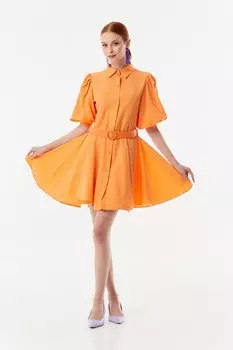 Платье на пуговицах с поясом и объемными рукавами Fullamoda, апельсин