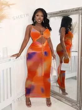 Платье на тонких бретельках Shein Slayr с принтом и вырезами, оранжевый