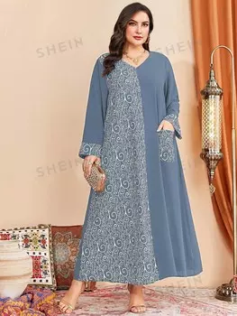 Платье Najma Plus с графическим принтом и накладными карманами Shein, пастельно-синий