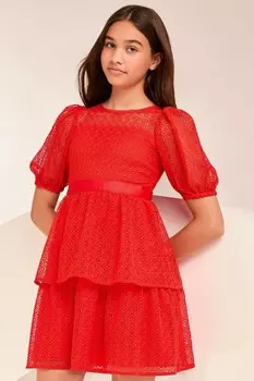 Платье нарядное с кружевными рукавами фонариками (от 2 до 16 лет) Lipsy, красный