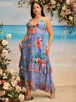 Платье невесты Belle Plus, цветочный узор, кружевная строчка, многослойный низ, шифон Shein, мультиколор