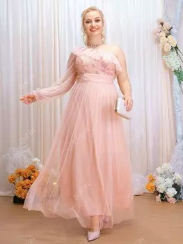 Платье невесты Belle Plus, кружево, на одно плечо, рюши, стразы, сетка Shein, коралловый/розовый