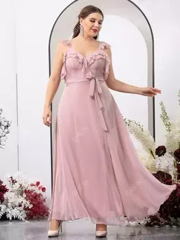 Платье невесты Belle Plus, рюши, пояс, шифон Shein, розовый