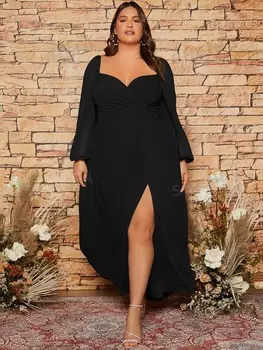 Платье невесты Belle Plus, вырез в форме сердца, рукава-фонарики, высокий разрез, шифон Shein, черный