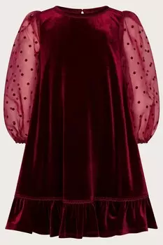 Платье Noa из органзы с узором в горошек и бархатными рукавами Monsoon, красный