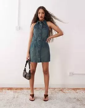 Платье Noisy May из денима с воротником-стойкой и синим оттенком