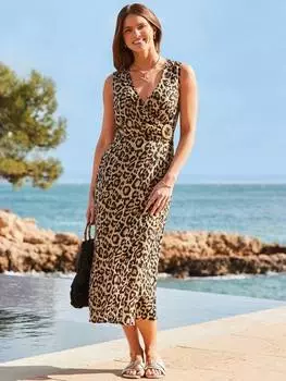 Платье-обертка из льняной смеси с животным принтом Sosandar, коричневый/разноцветный