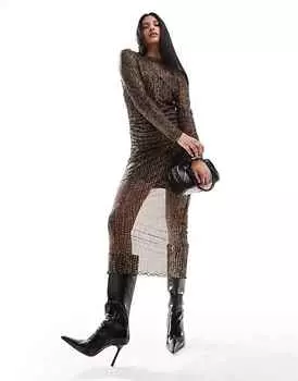 Платье Object Sheer Ruched Mesh Maxi, коричневый