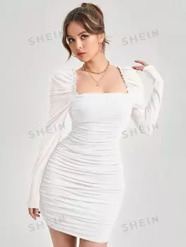 Платье облегающее Shein Priv с лебединым вырезом и длинными рукавами, бежевый