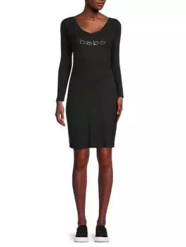 Платье Облегающее Трикотажное в Рубчик Bebe с логотипом, черный