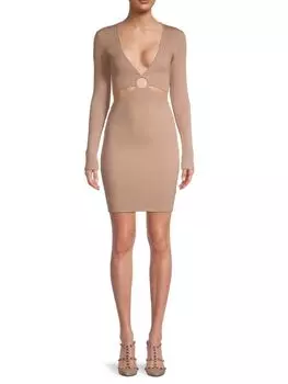 Платье Облегающее Трикотажное в Рубчик Bebe с вырезом и кольцом, taupe