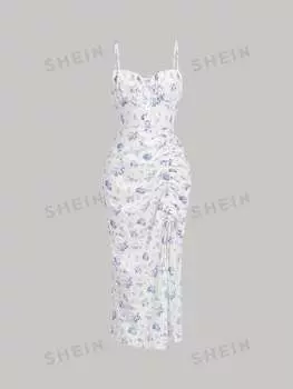 Платье облегающее винтажное Shein Mod с фарфоровым принтом, синий / белый