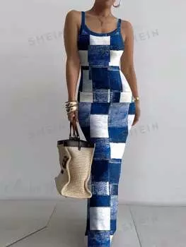 Платье облегающее женское Shein Essnce с сетчатым узором, синий / белый