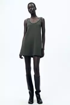 Платье однотяжной трикотажной классики с бусинами из страз ZARA, зеленый