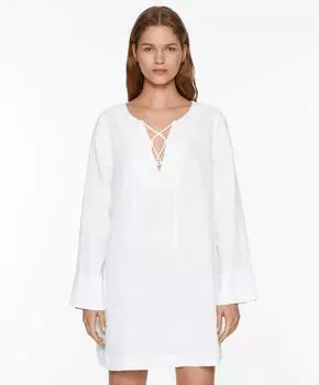 Платье Oysho Linen Lace up, белый