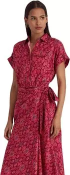 Платье Petite с геопринтом Shantung и завязкой на талии LAUREN Ralph Lauren, цвет Fuchsia Multi