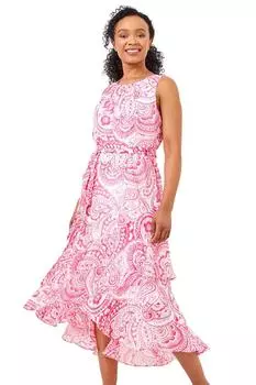 Платье Petite с принтом пейсли и оборкой по низу Roman, розовый