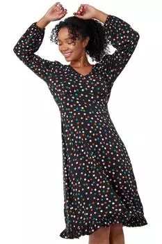 Платье Petite с точечным принтом и оборками по подолу Roman, черный