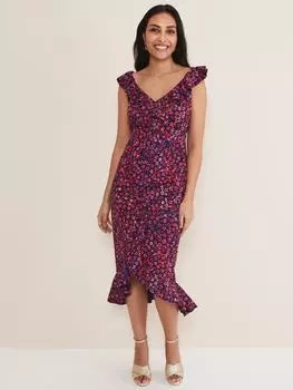 Платье Petite Viola с V-образным вырезом и оборками Phase Eight, темно-синий/мульти