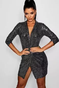 Платье-пиджак металлик мини-обедикон Boohoo, серебряный