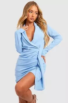Платье-пиджак с длинными рукавами и со сборами Boohoo, синий