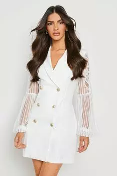 Платье-пиджак с кружевными рукавами Boohoo, слоновая кость