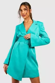 Платье-пиджак с разделенными рукавами и поясом Boohoo, зеленый
