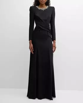 Платье Plaza с драпировкой и длинными рукавами и сильными плечами Jenny Packham, цвет Jet 2021