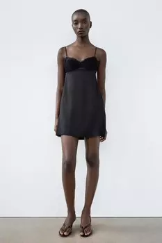Платье плиссированное из атласа с кружевом ZARA, черный