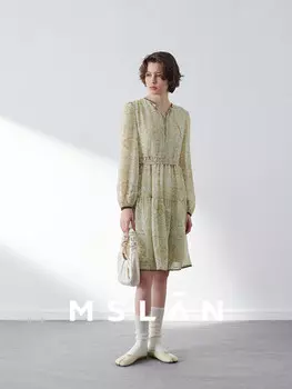 Платье плиссированное Mslan с завязками на талии, зеленый