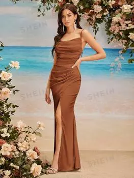 Платье плиссированное Shein Belle с высоким разрезом и лямкой, кофейный