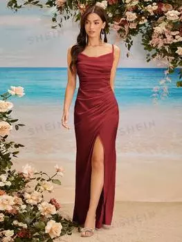 Платье плиссированное Shein Belle с высоким разрезом, бургундия